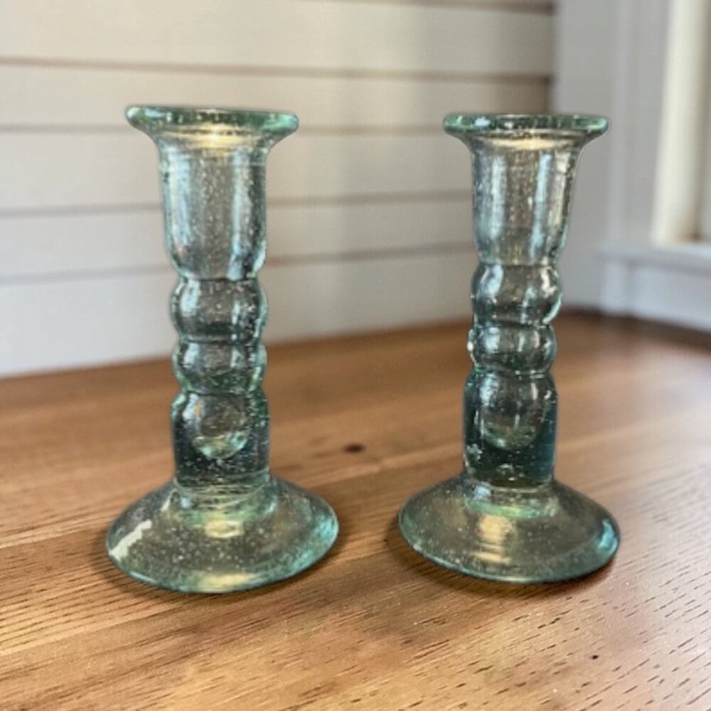 Vintage Mexican Gray Green Blown Glass 5.5" Candle Sticks Set of 2